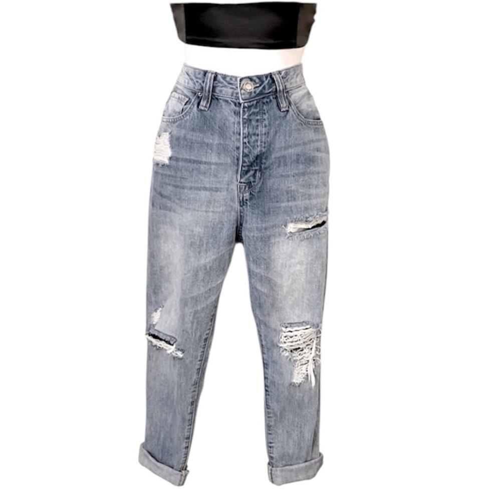 Angel Kiss High Waisted Distressed Button Fly Ripped Blue Jeans Sz 9